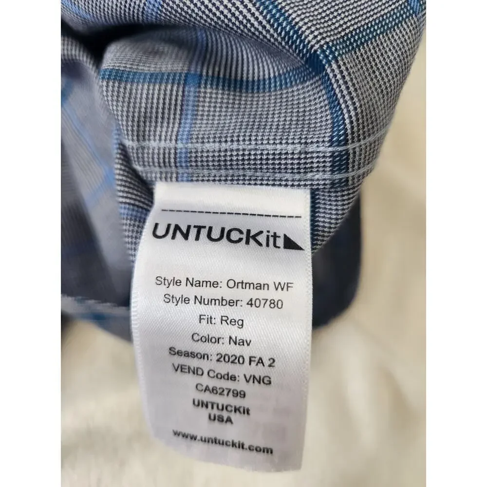 Untuckit Men's button down shirt window pane plaid navy sz XXL career preppy - Picture 7 of 9